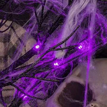 FUNPENY Lighted Black Birch Tree, Halloween Battery Operated Tree Lights with Spider Web and 10 Luminous Spider, Indoor Table Desktop Holiday Decoration (Purple)