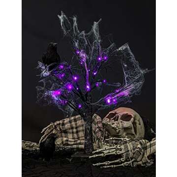 FUNPENY Lighted Black Birch Tree, Halloween Battery Operated Tree Lights with Spider Web and 10 Luminous Spider, Indoor Table Desktop Holiday Decoration (Purple)