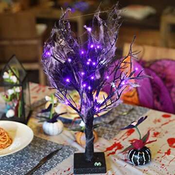 FUNPENY Lighted Black Birch Tree, Halloween Battery Operated Tree Lights with Spider Web and 10 Luminous Spider, Indoor Table Desktop Holiday Decoration (Purple)