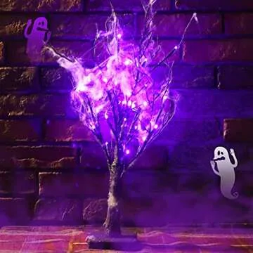 FUNPENY Lighted Black Birch Tree, Halloween Battery Operated Tree Lights with Spider Web and 10 Luminous Spider, Indoor Table Desktop Holiday Decoration (Purple)
