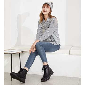 Hawkwell Women's Combat Boots Side Zipper Lace up Ankle Booties,Black PU,10 M US