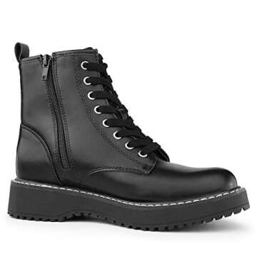 Hawkwell Women's Combat Boots Side Zipper Lace up Ankle Booties,Black PU,10 M US