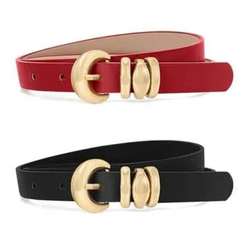 XZQTIVE 2 Pack Womens Skinny Leather Belts for Ladies Thin Waist Belt for Jeans Dresses Pants Coats with Fashion Gold Buckle