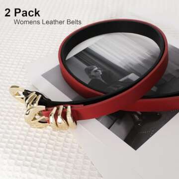 XZQTIVE 2 Pack Womens Skinny Leather Belts for Ladies Thin Waist Belt for Jeans Dresses Pants Coats with Fashion Gold Buckle