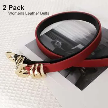 XZQTIVE 2 Pack Womens Skinny Leather Belts for Ladies Thin Waist Belt for Jeans Dresses Pants Coats with Fashion Gold Buckle