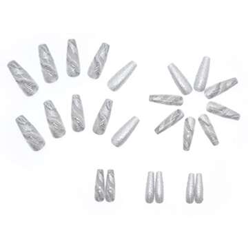 YoYoee Grey Glitter Press On Nails Coffin Long Fake Nails Acrylic Gradient False Nails Marble Full Cover Stick On Nails for Women and Girls (24 PCS)