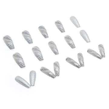 YoYoee Grey Glitter Press On Nails Coffin Long Fake Nails Acrylic Gradient False Nails Marble Full Cover Stick On Nails for Women and Girls (24 PCS)