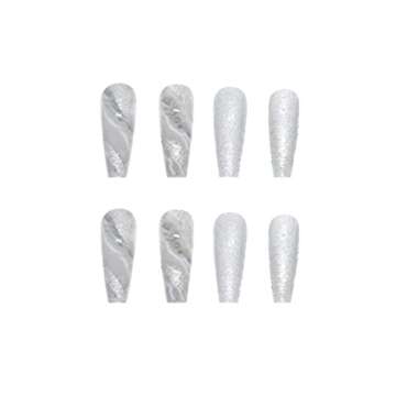YoYoee Grey Glitter Press On Nails Coffin Long Fake Nails Acrylic Gradient False Nails Marble Full Cover Stick On Nails for Women and Girls (24 PCS)