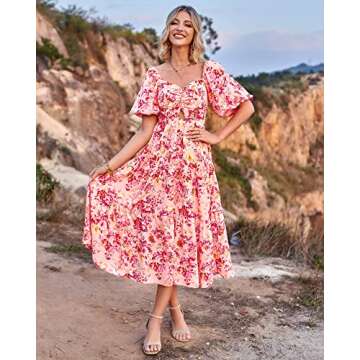 BTFBM Women Summer Dresses 2024 Casual Flowy Beach Square Neck Puff Short Sleeve Smocked Back Boho Floral Long Maxi Dress(Floral Pink Red, X-Large)