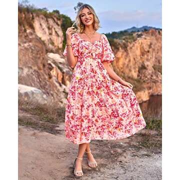 BTFBM Women Summer Dresses 2024 Casual Flowy Beach Square Neck Puff Short Sleeve Smocked Back Boho Floral Long Maxi Dress(Floral Pink Red, X-Large)