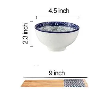 CoreLife Oriental Floral 4pcs Rice Bowl set with Chopsticks for Soup Snack Cereal, Glossy Ceramic Dishwasher Safe Porcelain Bowls in Gift Box - Flower Design, Multicolor