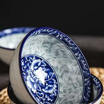 CoreLife Oriental Floral 4pcs Rice Bowl set with Chopsticks for Soup Snack Cereal, Glossy Ceramic Dishwasher Safe Porcelain Bowls in Gift Box - Flower Design, Multicolor