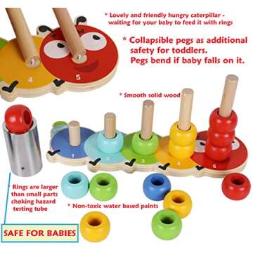 TOWO Wooden Stacking Rings Baby –Lovely Caterpillar Counting Game - Colour Sorting Puzzle - 5 Pegs...