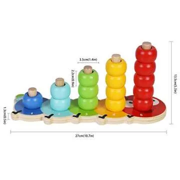 TOWO Wooden Stacking Rings Baby –Lovely Caterpillar Counting Game - Colour Sorting Puzzle - 5 Pegs Ring Stacker - Counting Rings Early Learning Wooden Toys for 1 Year Old Gift First Birthday Boy Girl