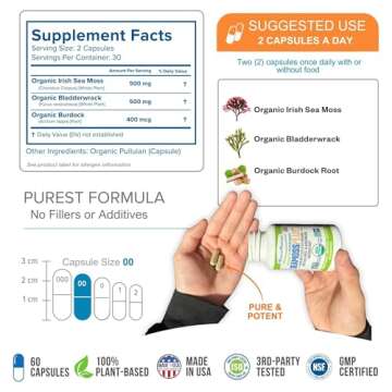 Power By Naturals Sea Moss Plus - USDA Organic Irish Sea Moss Capsules w/Wild Harvested Irish Seamoss, Bladderwrack & Burdock Root Immunity Supplement Sea Moss Pills for Adult 60Ct - 1 Pack