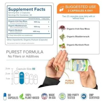 Power By Naturals Sea Moss Plus - USDA Organic Irish Sea Moss Capsules w/Wild Harvested Irish Seamoss, Bladderwrack & Burdock Root Immunity Supplement Sea Moss Pills for Adult 60Ct - 1 Pack