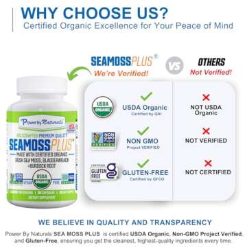 Power By Naturals Sea Moss Plus - USDA Organic Irish Sea Moss Capsules w/Wild Harvested Irish Seamoss, Bladderwrack & Burdock Root Immunity Supplement Sea Moss Pills for Adult 60Ct - 1 Pack