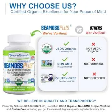 Power By Naturals Sea Moss Plus - USDA Organic Irish Sea Moss Capsules w/Wild Harvested Irish Seamoss, Bladderwrack & Burdock Root Immunity Supplement Sea Moss Pills for Adult 60Ct - 1 Pack