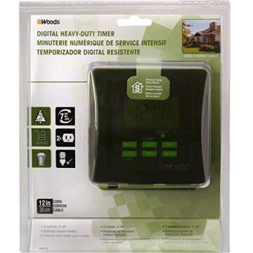 Woods 50015WD Outdoor 7-Day Heavy Duty Digital Plug-in Timer; 2 Grounded Outlets; Weatherproof; Perfect for Automating Holiday/Christmas Lights; 3/4 Horse Power; Energy Saving Precision Programming; Black & Green