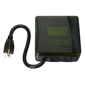 Woods 50015WD Outdoor 7-Day Heavy Duty Digital Plug-in Timer; 2 Grounded Outlets; Weatherproof; Perfect for Automating Holiday/Christmas Lights; 3/4 Horse Power; Energy Saving Precision Programming; Black & Green