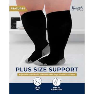 Pembrook Plus Size Compression Socks Wide Calf - Up to 6XL | Black Wide Calf Compression Socks Women Plus Size | Circulation Support Extra Wide Calf Compression Socks
