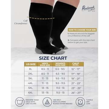 Pembrook Plus Size Compression Socks Wide Calf - Up to 6XL | Black Wide Calf Compression Socks Women Plus Size | Circulation Support Extra Wide Calf Compression Socks