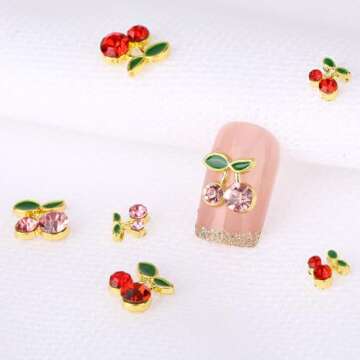 Dimeho 40Pcs 3D Cherry Nail Charms Rhinestones Shiny Gems Nail Accessories Jewelry Decorations Cute Fruit Nail Diamond for Women Girls Art Design DIY Manicure Craft Jewelry