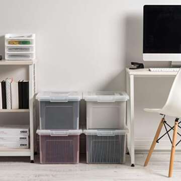 IRIS USA Plastic File Box Organizer with Secure Durable Latching Lid and File Rails, Letter & Legal Size, Nestable and Stackable, 4 Pack, Clear