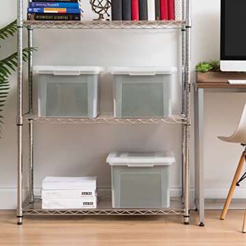 IRIS USA Plastic File Box Organizer with Secure Durable Latching Lid and File Rails, Letter & Legal Size, Nestable and Stackable, 4 Pack, Clear