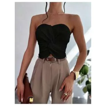GORGLITTER Women's Strapless Tube Top Open Back Sleeveless Smocked Twist Bandeau Top Going Out Summer Crop Tops 2025 Black X-Small