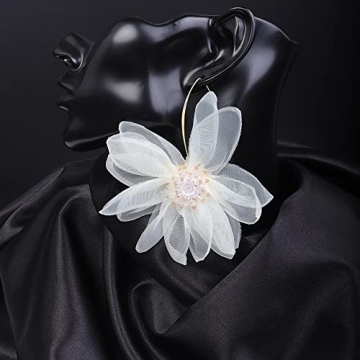 JWICOS Lightweight Bohemian Big Fabric Petal Drop Earrings for Women Chiffon Flower Floral Tassel Earrings for Vacation Wedding Daily Wearing (Ivory)