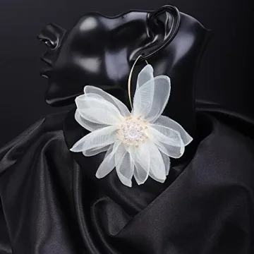 JWICOS Lightweight Bohemian Big Fabric Petal Drop Earrings for Women Chiffon Flower Floral Tassel Earrings for Vacation Wedding Daily Wearing (Ivory)