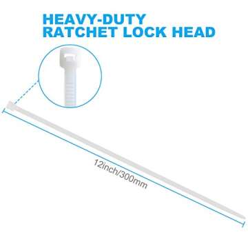 Hmrope 100pcs Cable Zip Ties White Heavy Duty 12 Inch, Premium Plastic Wire Ties Clear with 50 Pounds Tensile Strength, Self-Locking Nylon White Zip Ties for Indoor and Outdoor