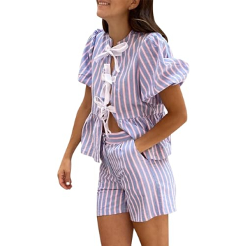 Yiulangde Women Y2K Peplum Pajamas Set Puff Sleeve Babydoll Ruffle Bow Tie Front Tops Cute Gingham 2...