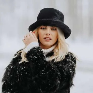 OCTEEN Faux Fur Bucket Hat Winter Fluffy Cap Fuzzy Warm Hat for Women Men A Black