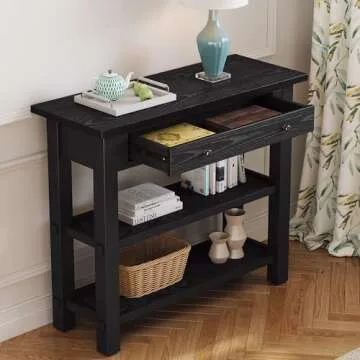 Retro Modern Entryway Console Table 36-Inch Small Wood Entry Sofa Table with Drawer & Storage Shelf for Living Room Entrance Hallway, Black