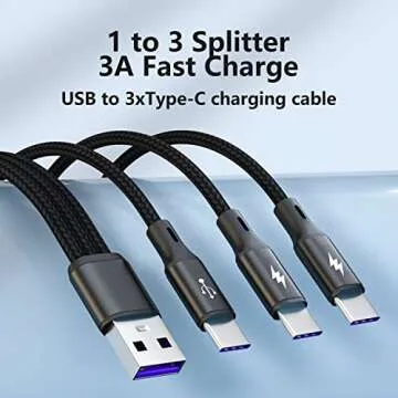 GELRHONR USB C Splitter Cable,USB A Male to 3 Type-C Male Charge Cable,3 in 1 Nylon Braided Charging Cord with 3x0.2m Cable, 5A Fast Charge,Compatible with Mobile/Android and More （0.65FT-0.2M）