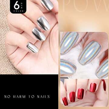 POCKCAT 6 Colors Chrome Nail Powder Set Glitter Metal Mirror Effect Nail Art Design 3D Holographic Ice Aurora Dust Nail Powder White Chrome Nail Art Home DIY with 6 Sponge Sticks