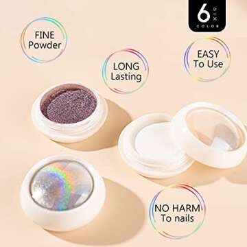 POCKCAT 6 Colors Chrome Nail Powder Set Glitter Metal Mirror Effect Nail Art Design 3D Holographic Ice Aurora Dust Nail Powder White Chrome Nail Art Home DIY with 6 Sponge Sticks