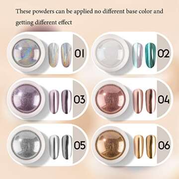 POCKCAT 6 Colors Chrome Nail Powder Set Glitter Metal Mirror Effect Nail Art Design 3D Holographic Ice Aurora Dust Nail Powder White Chrome Nail Art Home DIY with 6 Sponge Sticks