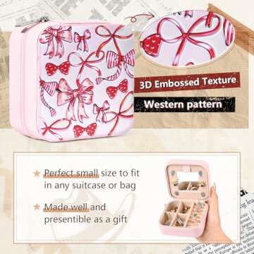 CEELGON Western Tooled Travel Jewelry Box Case Gift Pink Bows Print Embossed Jewelry Organizer Chris...