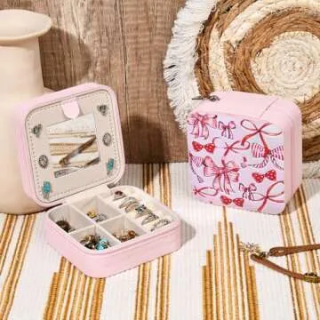 CEELGON Western Tooled Travel Jewelry Box Case Gift Pink Bows Print Embossed Jewelry Organizer Christmas Gifts for Teen Girls Cowgirl Stuff Portable Travel Accessories for Women (Pink Bows)