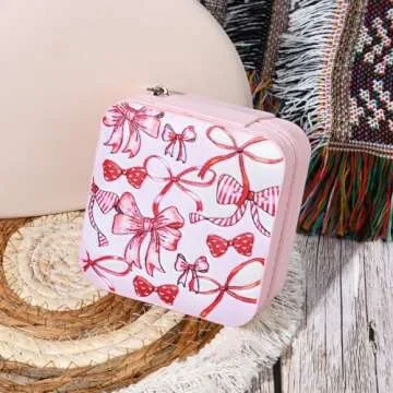 CEELGON Western Tooled Travel Jewelry Box Case Gift Pink Bows Print Embossed Jewelry Organizer Christmas Gifts for Teen Girls Cowgirl Stuff Portable Travel Accessories for Women (Pink Bows)