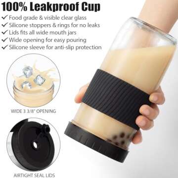 Reusable Glass Mason Jars Cups with Lids and Straws Silicone Sleeves, 4 Pack 24Oz Wide Mouth Smoothi...