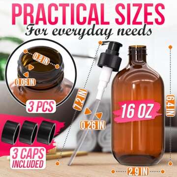 Aquuen 3 Pack Empty Amber Glass Pump Bottles 16oz Pump Bottles Refillable Containers for Essential O...