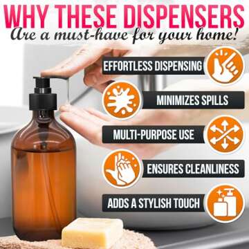 Aquuen 3 Pack Empty Amber Glass Pump Bottles 16oz Pump Bottles Refillable Containers for Essential Oils, Cleaning Products, Lotions, Aromatherapy, Durable Black Pumps