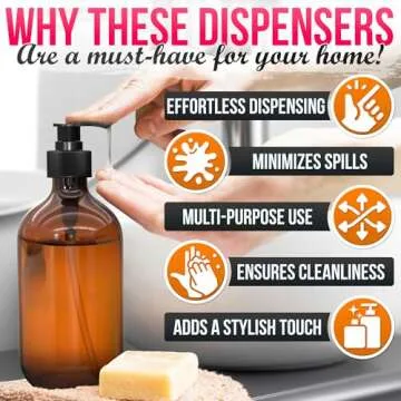 Aquuen 3 Pack Empty Amber Glass Pump Bottles 16oz Pump Bottles Refillable Containers for Essential Oils, Cleaning Products, Lotions, Aromatherapy, Durable Black Pumps