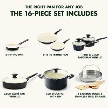 GreenPan Rio 16 Piece Cookware Pots and Pans Set, Hard Anodized Healthy Ceramic Nonstick PFAS-Free, Bakelite Handles, Frypans, Saucepan, Saute Pan, Stock Pot, Kitchen Tools, Dishwasher Safe, Black