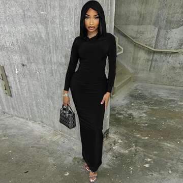 ccisppal Women's 2023 Fall Maxi Dress Hooded Sexy Long Sleeve Bodycon Party Club Cocktail Maxi Dress