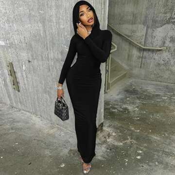 ccisppal Women's 2023 Fall Maxi Dress Hooded Sexy Long Sleeve Bodycon Party Club Cocktail Maxi Dress